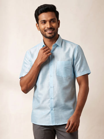 [DS-DP] Men's Sky Blue Solid Textured Art Silk Shirt