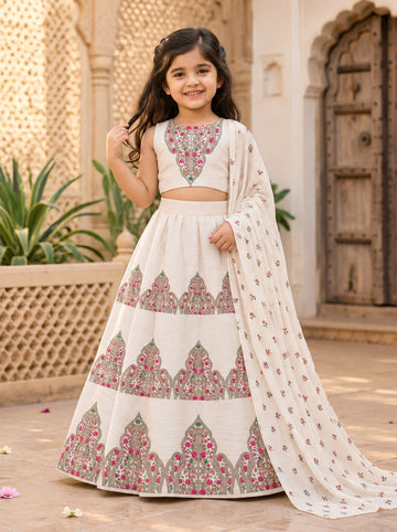 Girls' Off-White Art Silk Lehenga Set – Printed