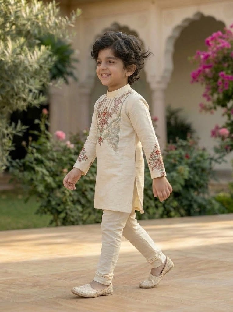 Boy's Off-White Art Silk Kurta Pyjama Set – Ethnic Print & Side Placket