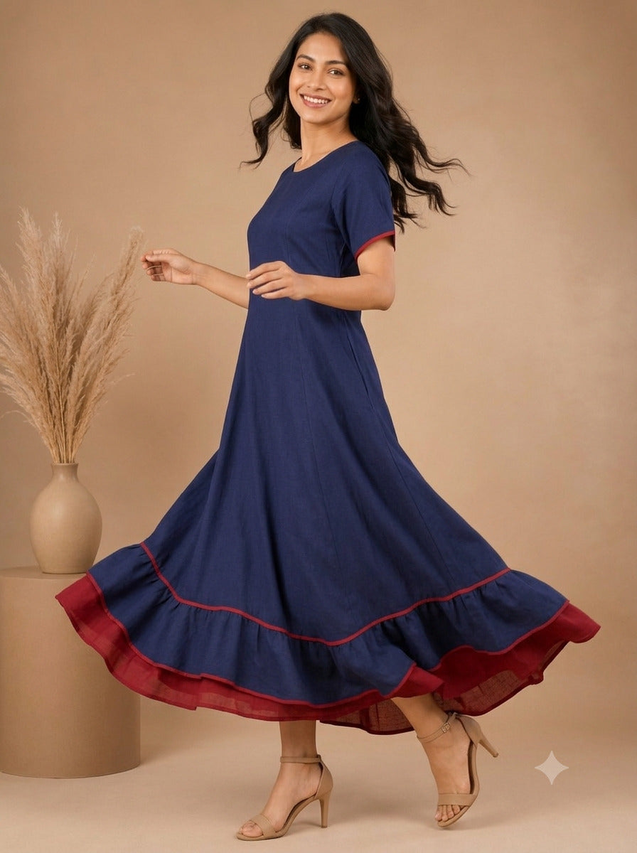 Women's Blue Cotton Linen Maxi Dress – Ruffle Hem