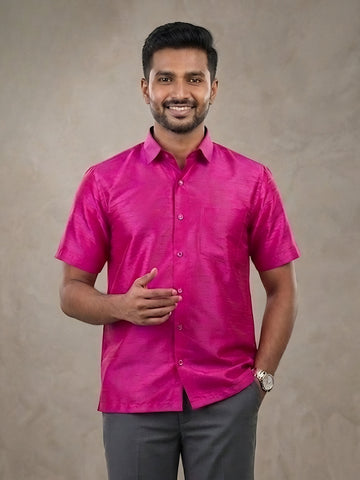 [DS-DP] Men's Pink Solid Textured Art Silk Shirt
