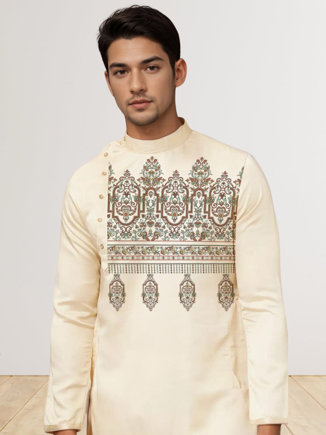 Mens Beige Side Placket Printed Kurta With Pyjama Set