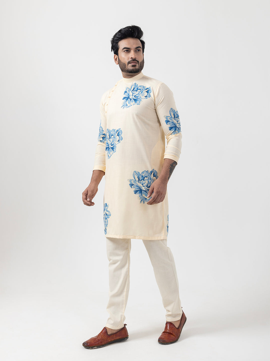 Men's Beige Cotton Kurta Set – Ethnic Print & Side Placket