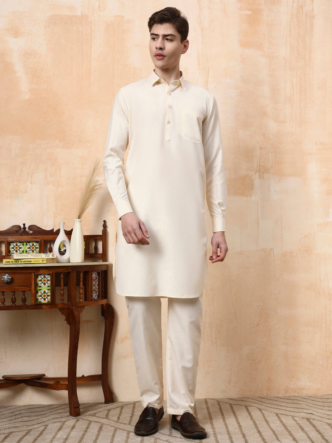 [MGPT] Men's Beige Pathani Cotton Kurta Set