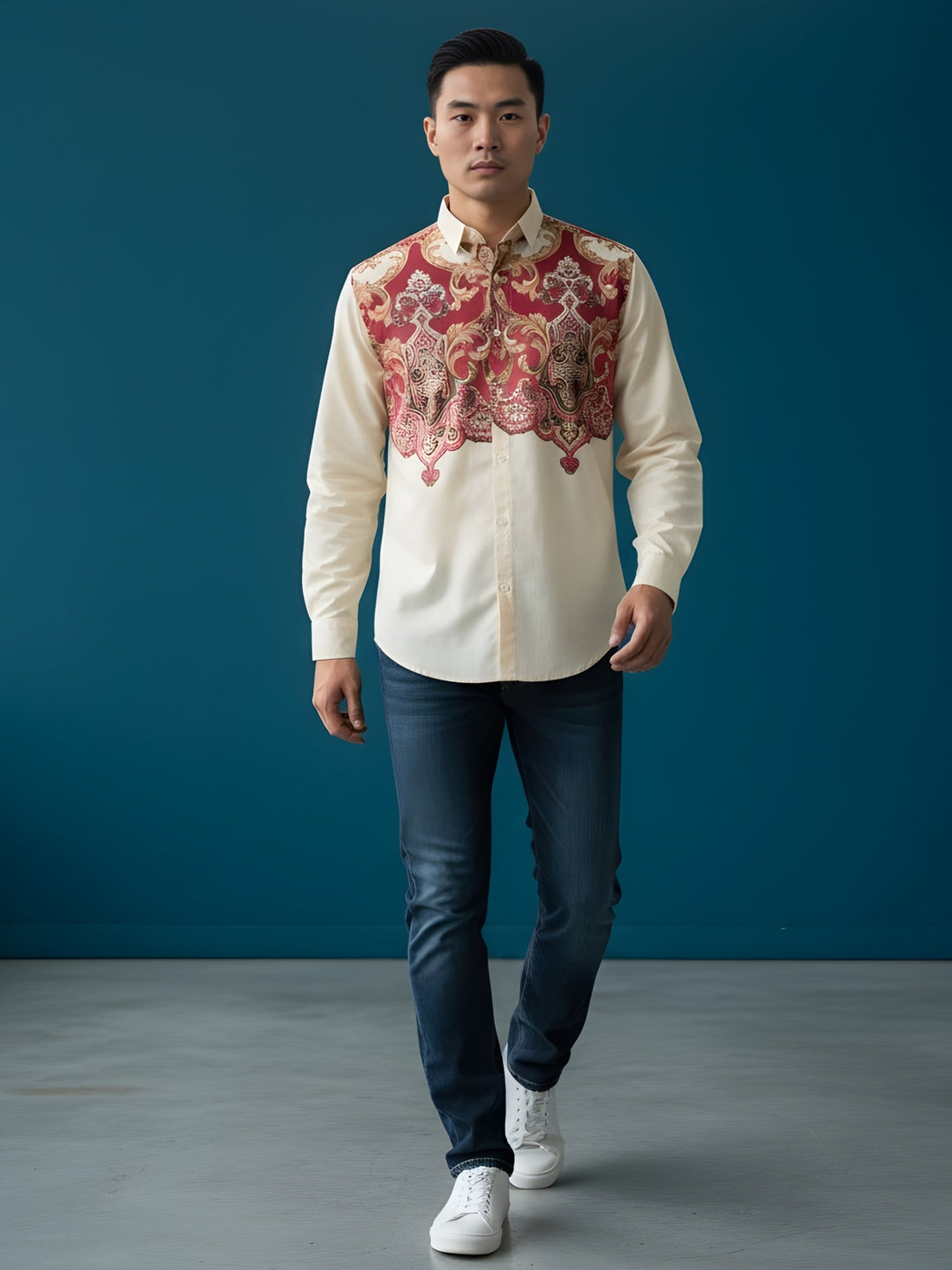 [DS-MGSP] Men's Beige Ethnic Printed Cotton Shirt