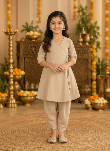 Girls' Beige Cotton Kurti with Tulip pant Set – Solid