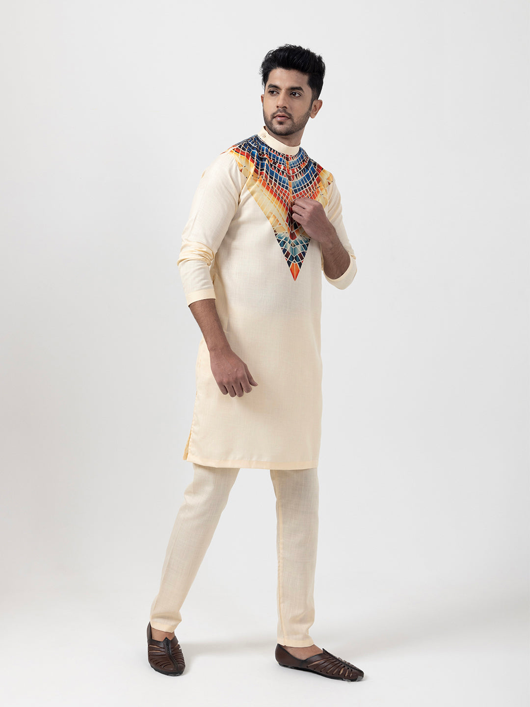 Men's Beige Cotton Kurta Set – Ethnic Print & Side Placket