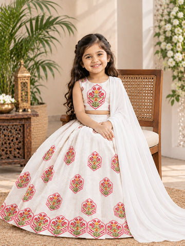 Girls' Off-White Art Silk Lehenga Set – Printed