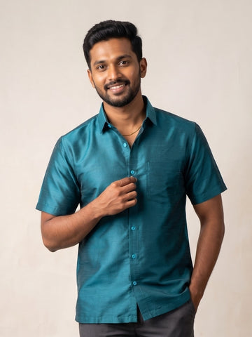 [DS-DP] Men's Teal Solid Textured Art Silk Shirt