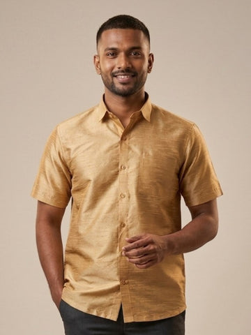 [DS-DP] Men's Beige Solid Textured Art Silk Shirt