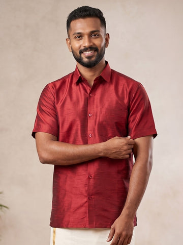 [DS-DP] Men's Red Solid Textured Art Silk Shirt
