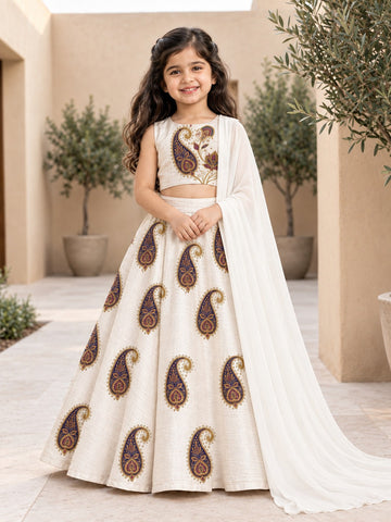 Girls' Off-White Art Silk Lehenga Set – Printed