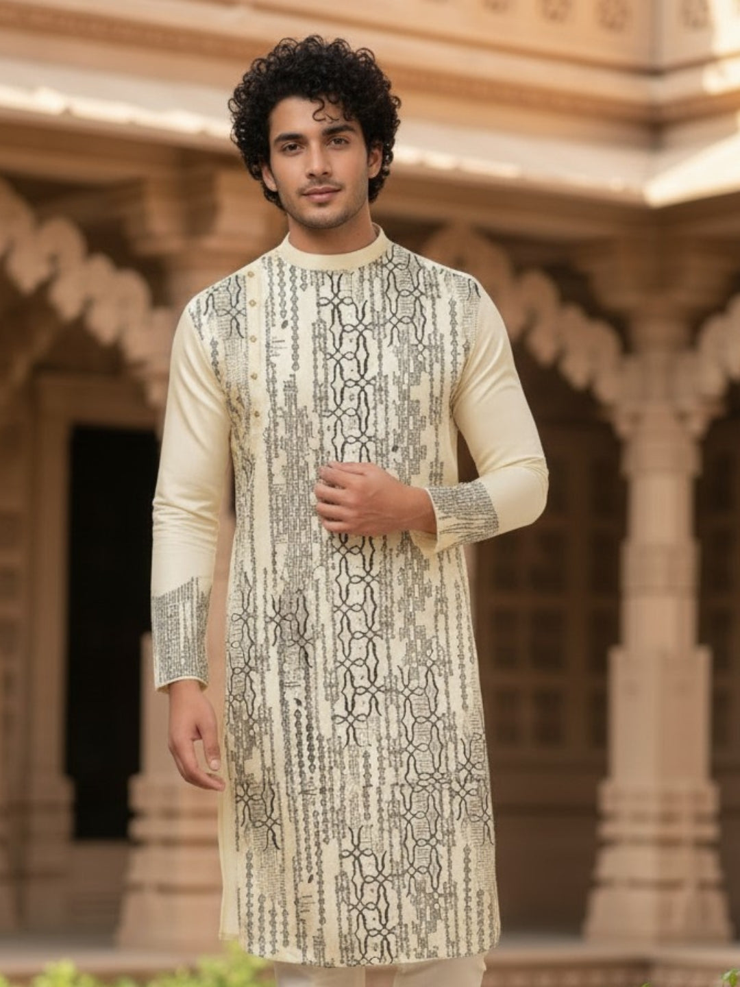 [MGSP-B] Men's Beige Ethnic Print Side Placket Cotton Kurta Set