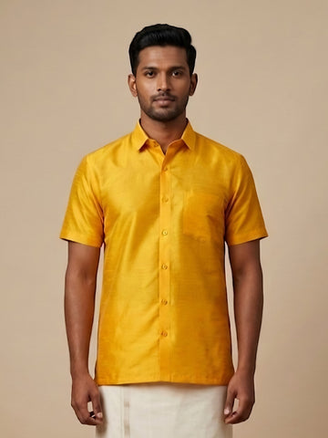 [DS-DP] Men's Yellow Solid Textured Art Silk Shirt