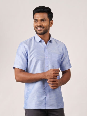 [DS-DP] Men's Sky Blue Solid Textured Art Silk Shirt