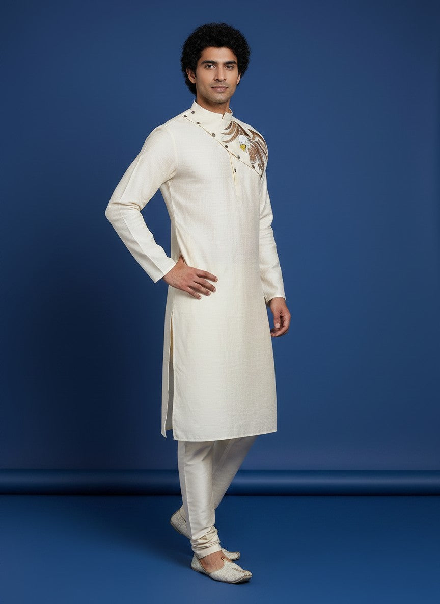 Men's Beige Pure Silk Kurta Set – Ethnic Print & Side Placket