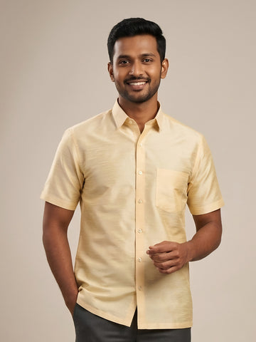 [DS-DP] Men's Beige Solid Textured Art Silk Shirt