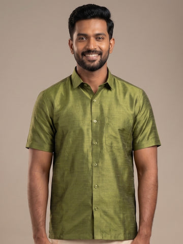 [DS-DP] Men's Green Solid Textured Art Silk Shirt
