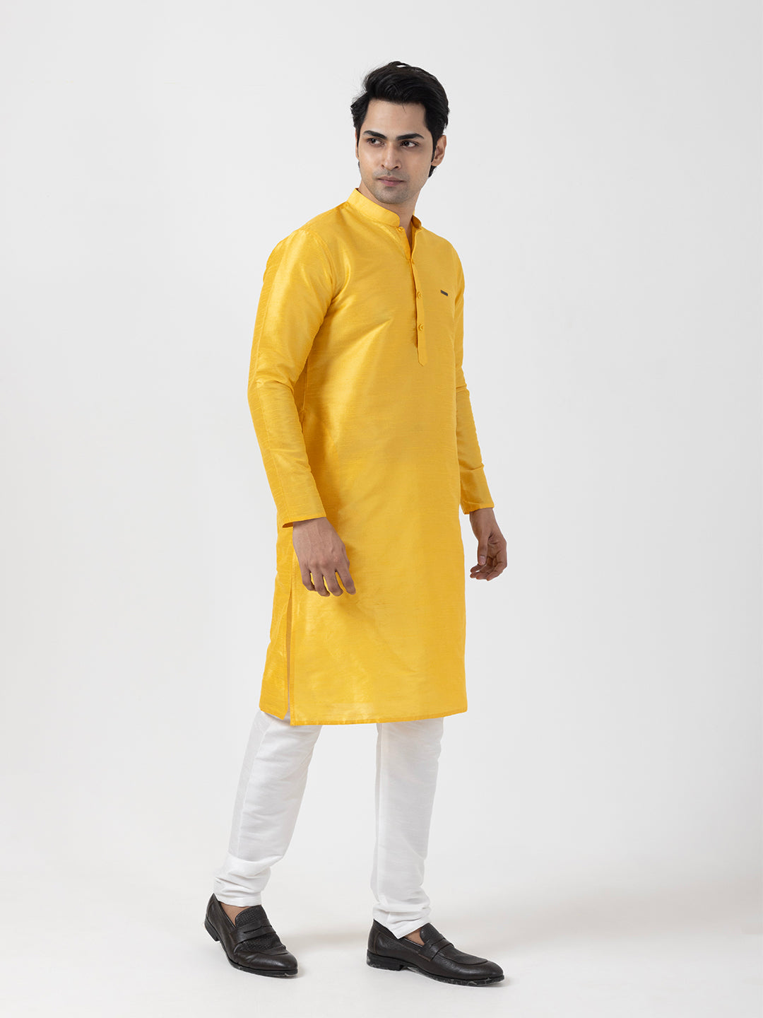 Woven Design Band Collar Dupion Silk Straight Kurta With Pyjama Set