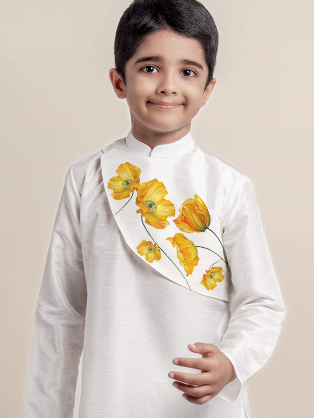 Boys White Printed Kurta with Pyjama Set