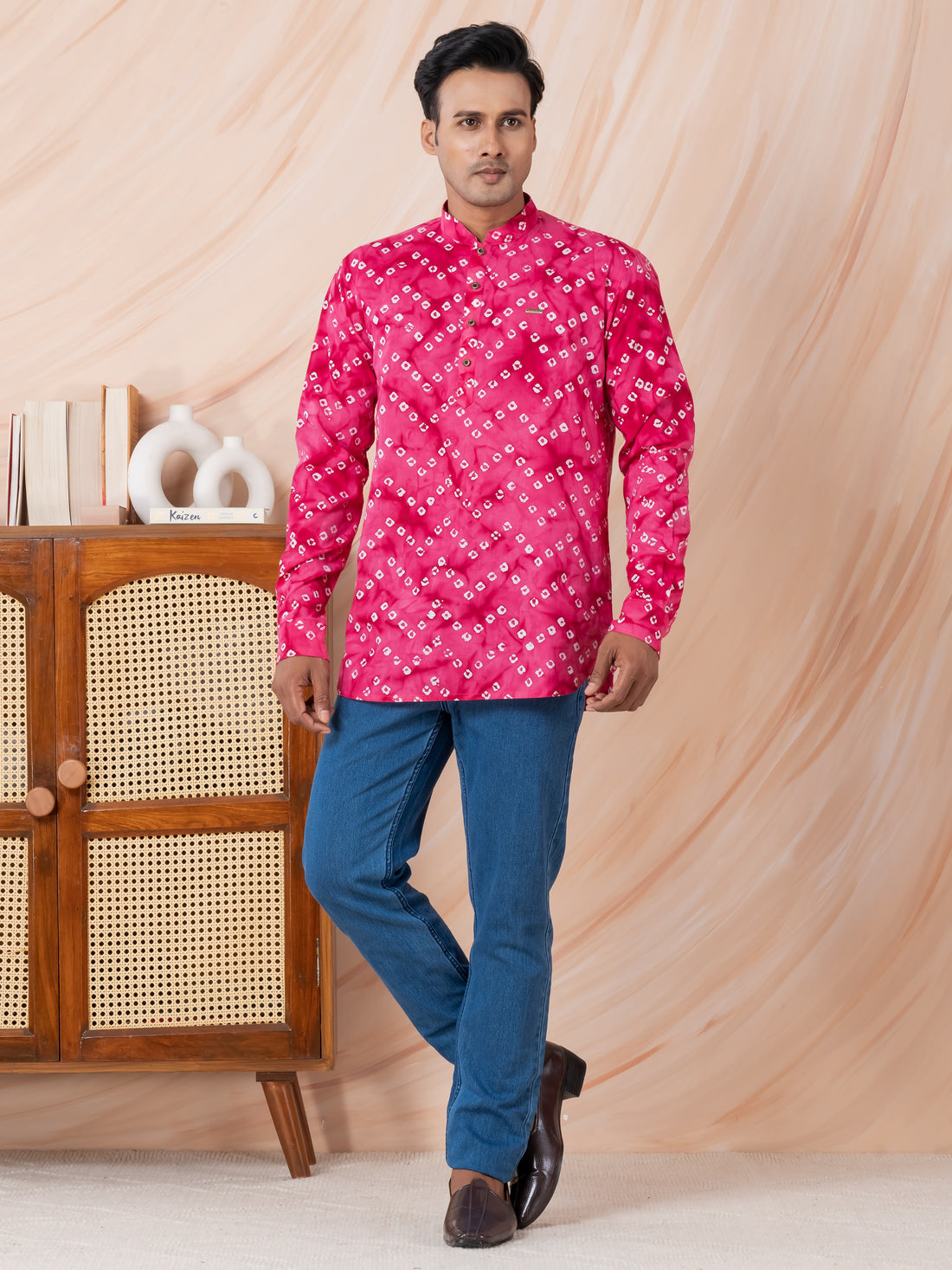 [RMS] Men's Pink bandhani printed Pure Cotton Short Kurta