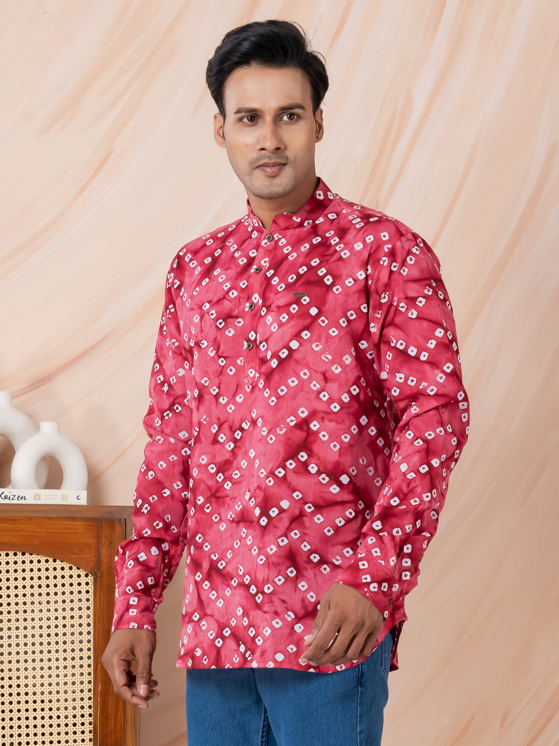 [RMS] Men's Red bandhani printed Pure Cotton Short Kurta
