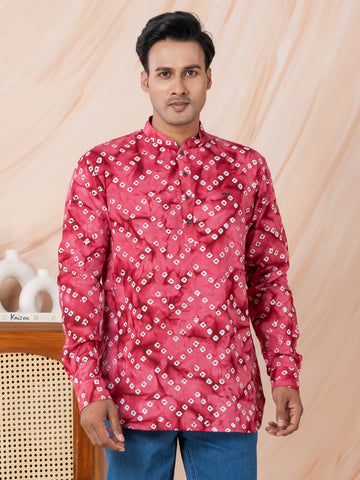 [RMS] Men's Red bandhani printed Pure Cotton Short Kurta