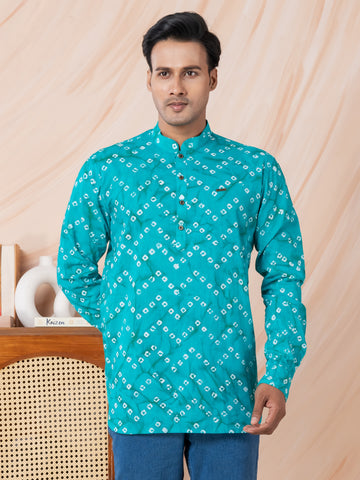 [RMS] Men's Turquoise Blue bandhani printed Pure Cotton Short Kurta