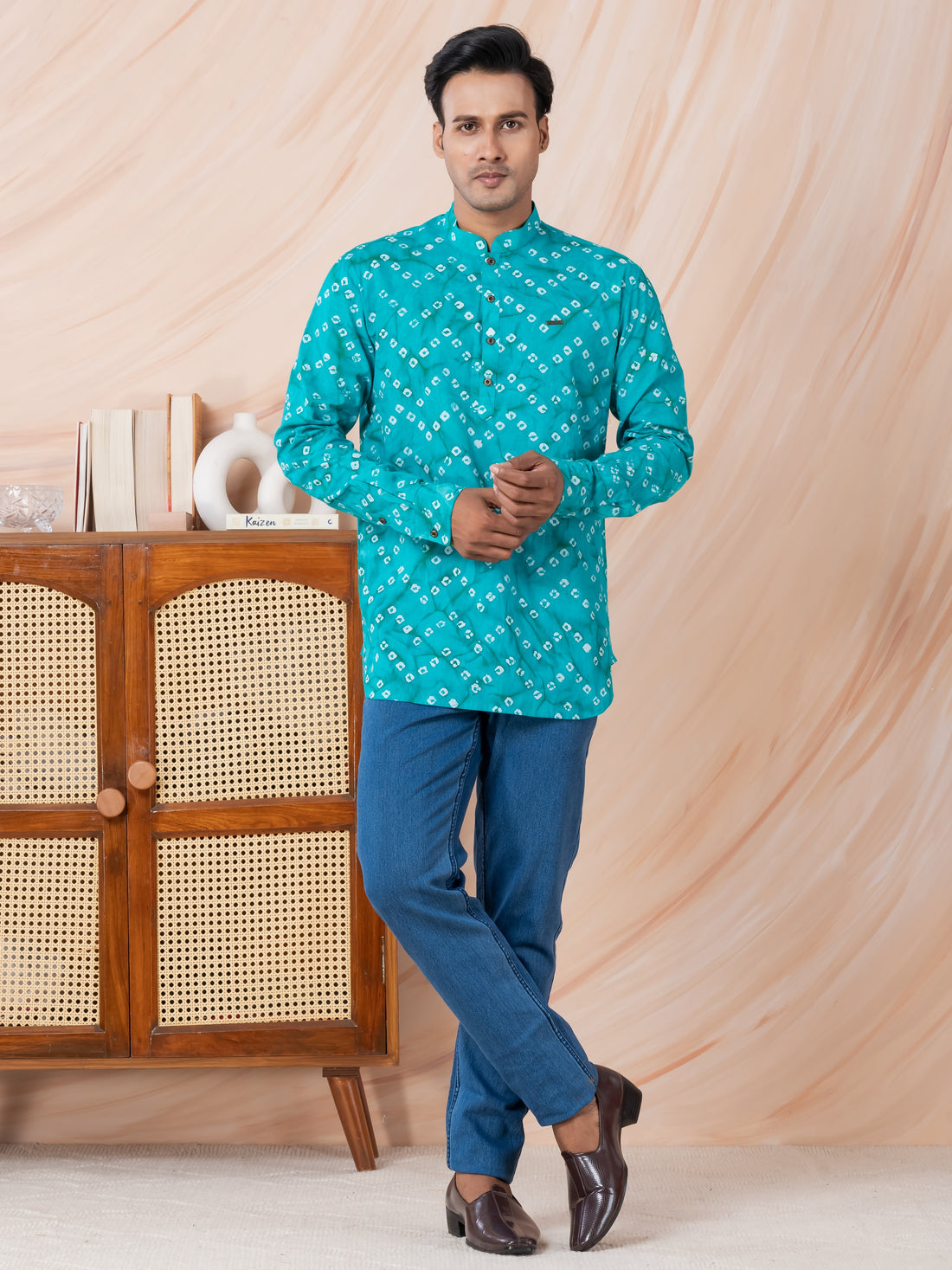 [RMS] Men's Turquoise Blue bandhani printed Pure Cotton Short Kurta