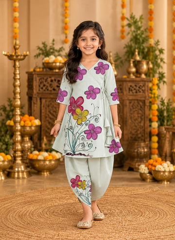 Girls' Sky Blue Cotton Kurti with Tulip pant Set – Printed