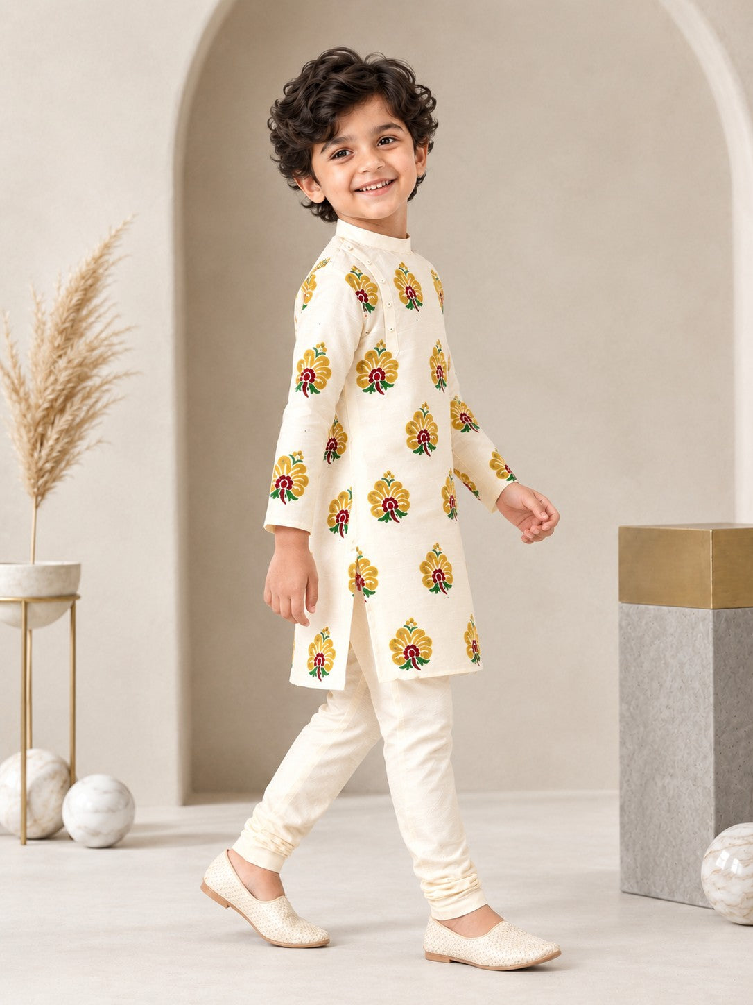 Boy's Off-White Art Silk Kurta Pyjama Set – Ethnic Print & Side Placket