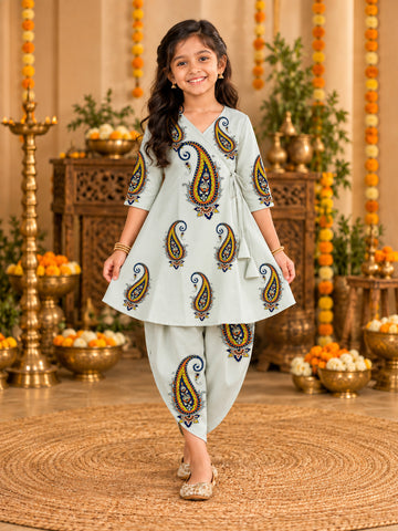 Girls' Sky Blue Cotton Kurti with Tulip pant Set – Printed