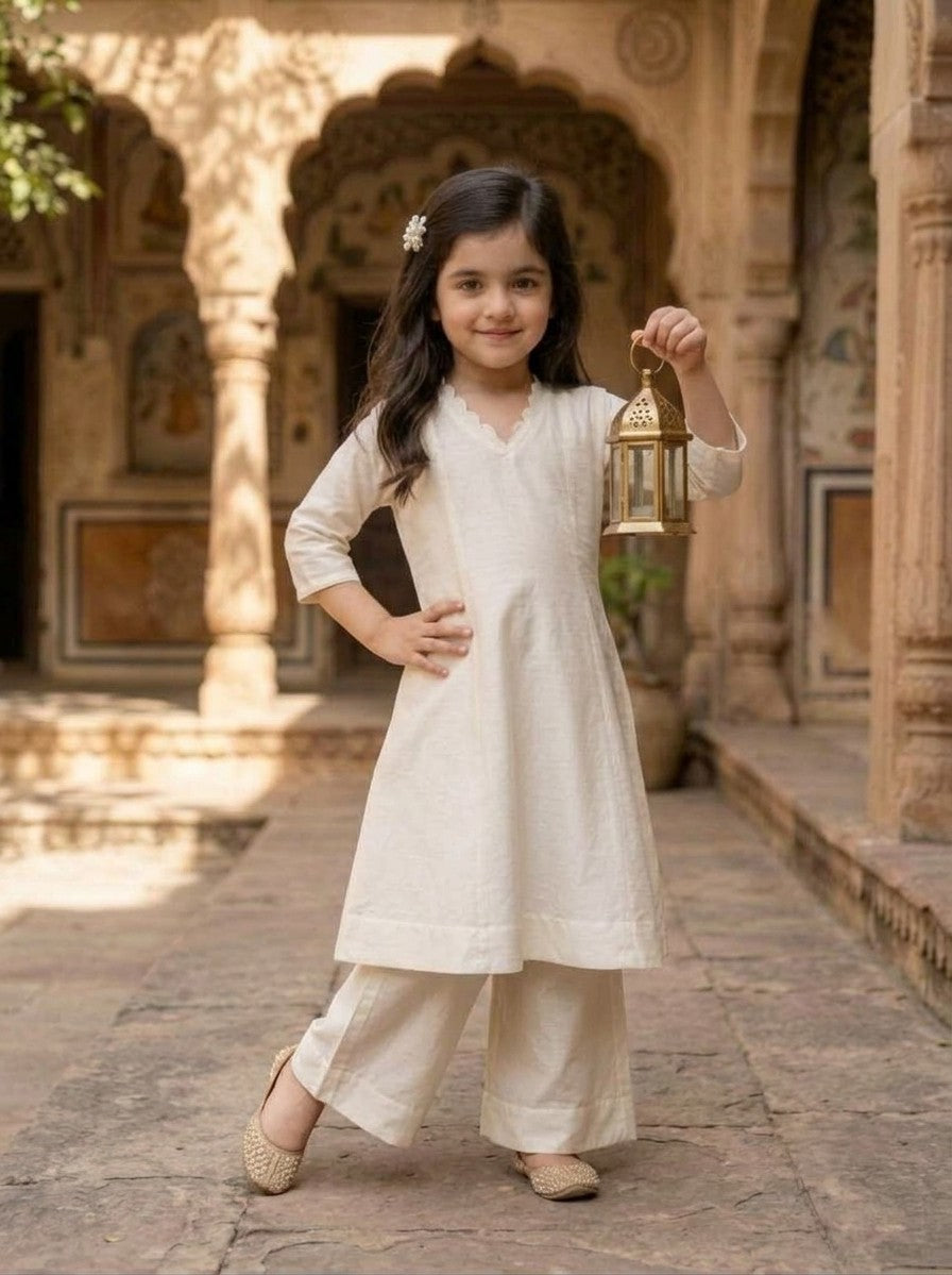 Girls' Off-White Art Silk Kurti Palazzo Set – Solid