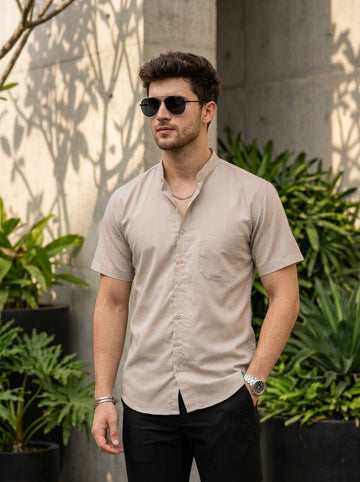[DS-C-MG] Men's Beige chinese collar Cotton Shirt