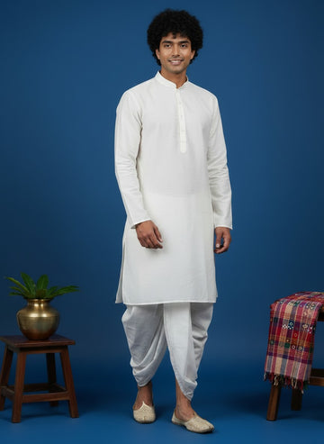 Men's White Cotton Kurta with Dhoti Set – Solid & Side Placket