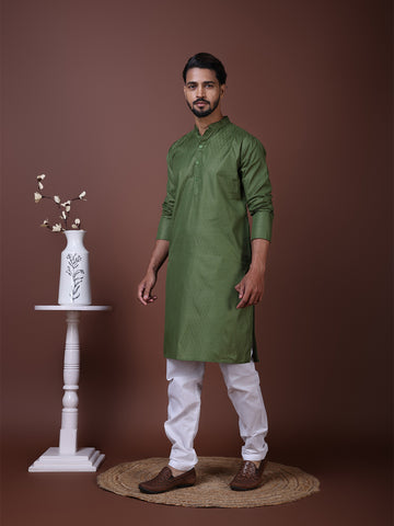 [SH] Men's Green Self Design Cotton Kurta Set