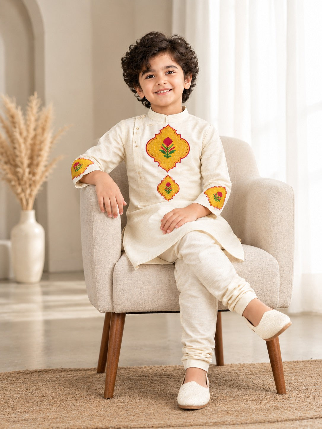 Boy's Off-White Art Silk Kurta Pyjama Set – Ethnic Print & Side Placket