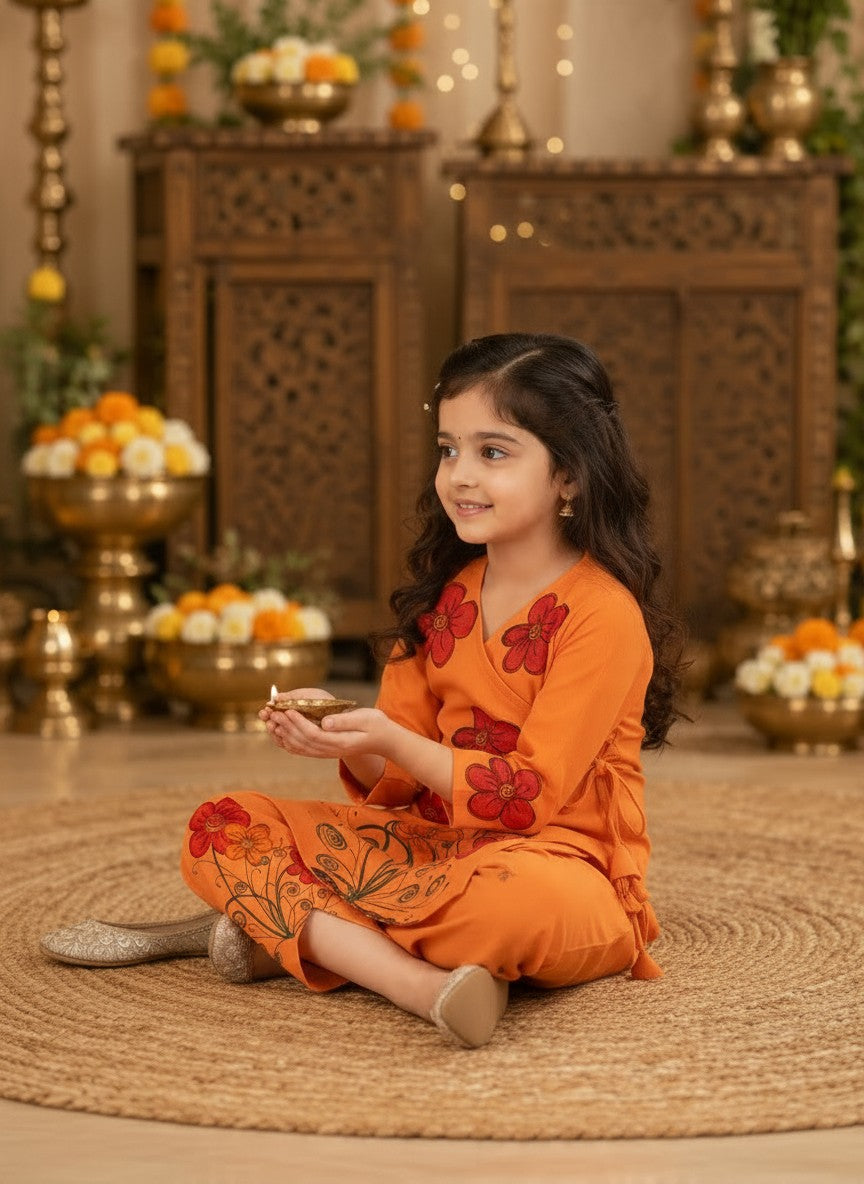 Girls' Orange Cotton Kurti with Tulip pant Set – Printed