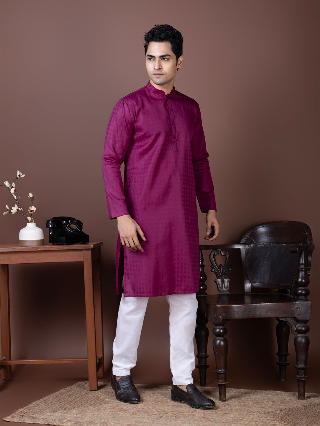 [SH] Men's Purple Self Design Cotton Kurta Set