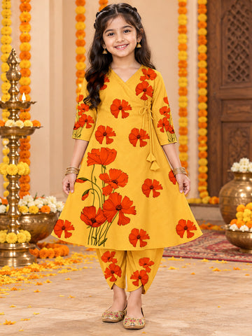 Girls' Mustard Cotton Kurti with Tulip pant Set – Printed