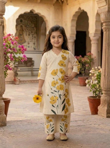 Girls' Off-White Art Silk Kurti Palazzo Set – Printed