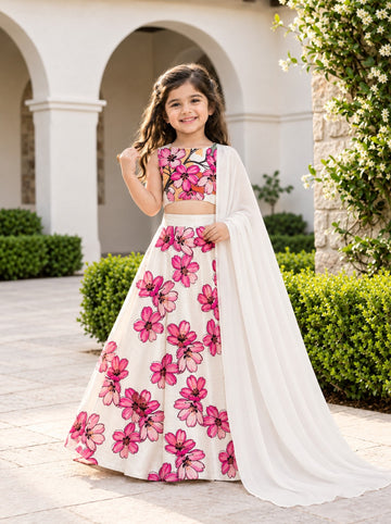 Girls' Off-White Art Silk Lehenga Set – Printed