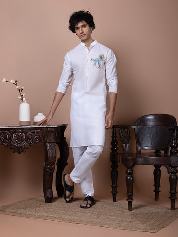 Mens White Printed Kurta Pyjama Set