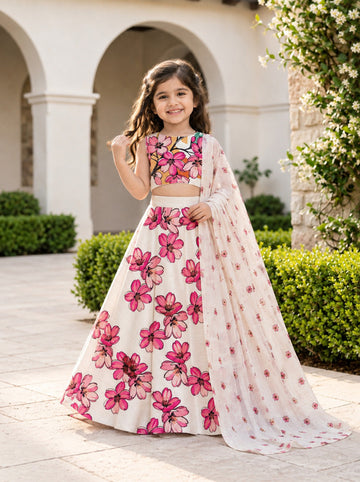 Girls' Off-White Art Silk Lehenga Set – Printed