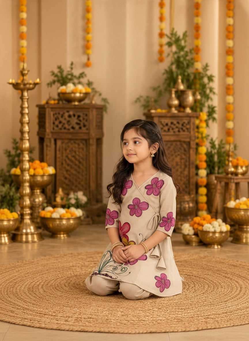 Girls' Beige Cotton Kurti with Tulip pant Set – Printed