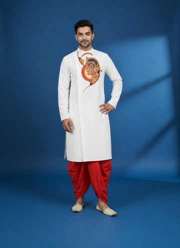 Men's White Cotton Kurta with Dhoti Set – Ethnic Print & Side Placket