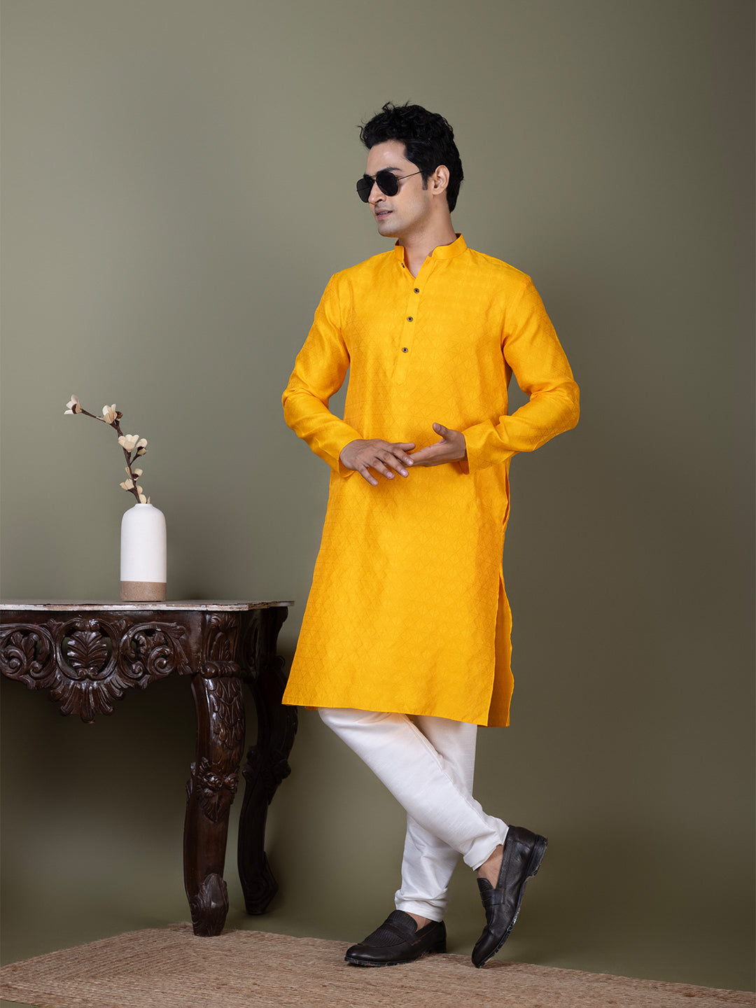 [BH] Men's Yellow Self Design Jacquard Kurta Set