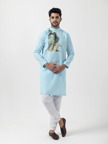 Men's Sky Blue Cotton Kurta Set – Lord Krishna Print & Side Placket