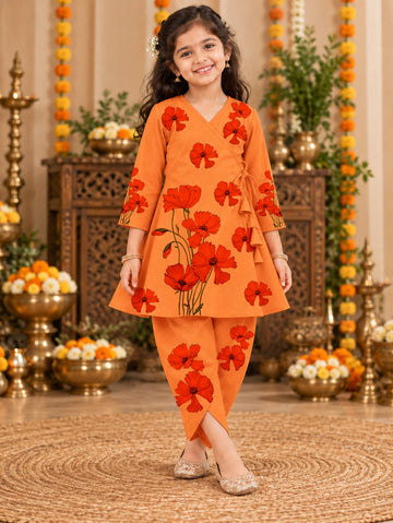 Girls' Orange Cotton Kurti with Tulip pant Set – Printed