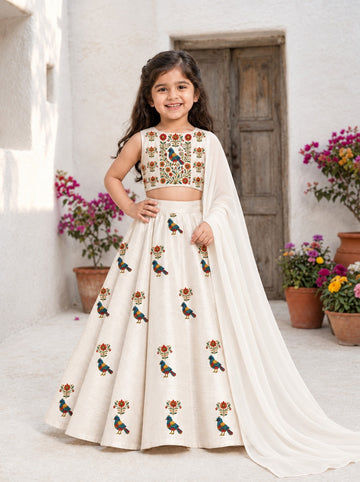 Girls' Off-White Art Silk Lehenga Set – Printed